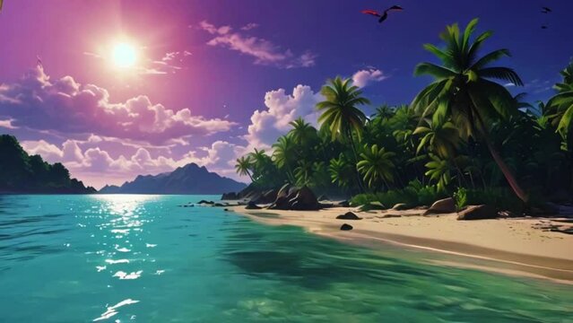 A secluded tropical island with crystal-clear water, swaying palm trees, and colorful birds flying overhead. Waves lap gently on the shore, and an occasional coconut drops from a tree, zoom OBS, anime