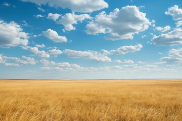 Golden grass covering a prairie landscape under a bright blue sky with white clouds