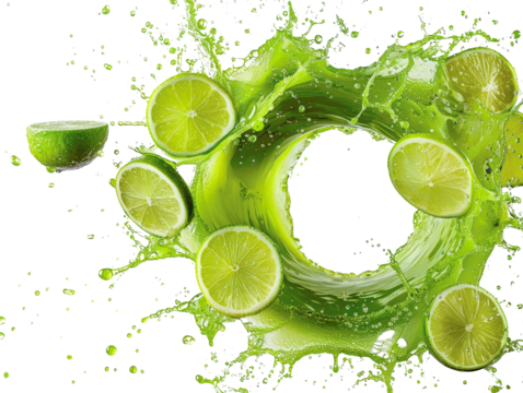 Lime slices and juice splash in a vibrant green swirl, creating a refreshing and energetic visual.