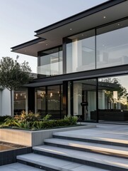 fixed plain glass with aluminium frame, modern house , grey background