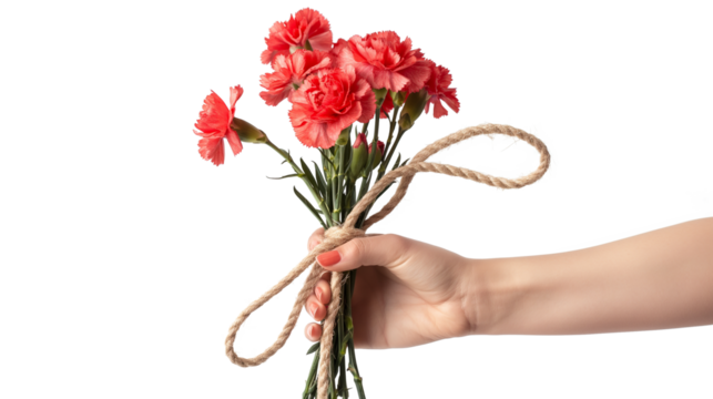 Beautiful blooming carnations tied by rope bow holding in woman's hand isolated on a transparent background