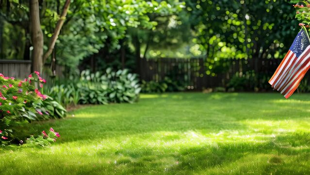 Well-kept lawn with American flag against lush green garden backdrop