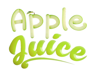 Creative apple juice typography where the word "apple" is made of apple slices and the word "juice" is made of apple juice, isolated, transparent