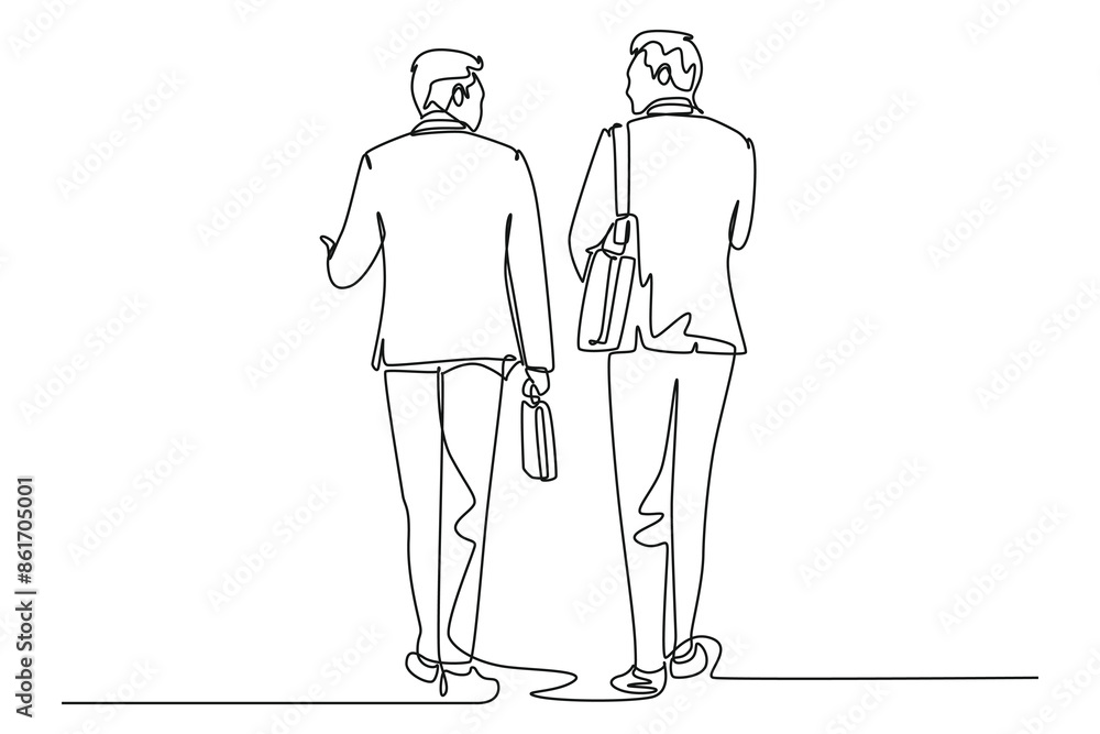 Poster continuous one line drawing back view two young male managers walking in hurry while discussing and 
