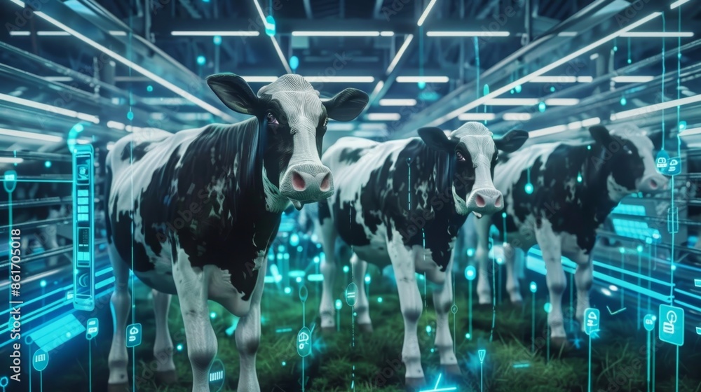 Poster in a bustling dairy farm 5gconnected robots work together to milk cows and monitor their health send