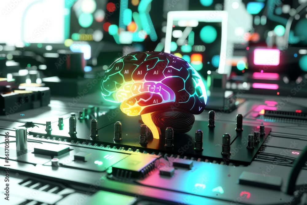 Poster ai brain with digital network, illustrating advanced artificial intelligence connections and tech in