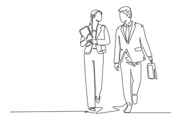 Continuous one line drawing of young couple male and female managers discussing new strategy plan to company growth. Urban commuter workers concept. Single line draw design vector graphic illustration