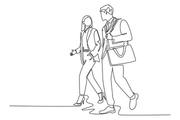 Single continuous line drawing of young couple male and female employees discussing new strategy plan to write annual report. Urban commuter workers. One line draw graphic design vector illustration