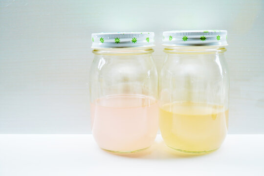 カレンデュラとボリジの花をそれぞれ除いた後の薄ピンク色とオレンジ色の自家製の天然花酵母液の比較