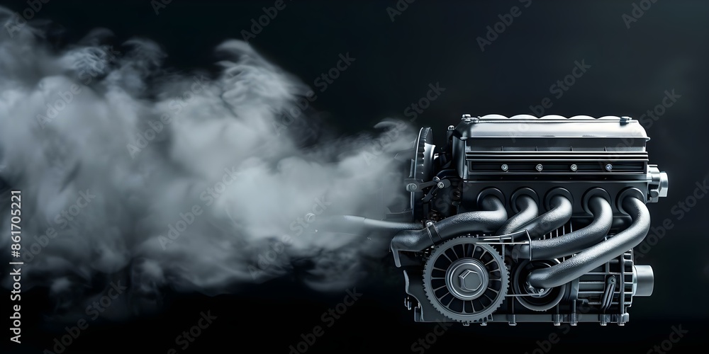 Poster running internal combustion engine on isolated black background with smoke. concept internal combust