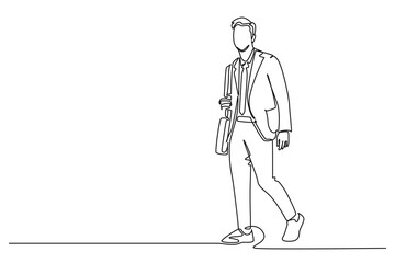 Single one line drawing young male worker walking hurry on city street to go to the office while holding document. Urban commuter worker. Modern continuous line draw design graphic vector illustration
