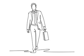 Single one line drawing young male manager walking on town street to go to office while holding suitcase. Urban commuter worker concept. Modern continuous line draw design graphic vector illustration