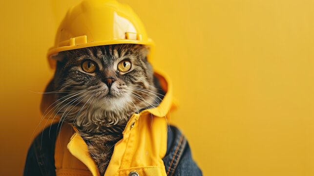 banner funny cat dressed as builder in yellow helmet on yellow background, workman engineering or repairing, service, copyspace