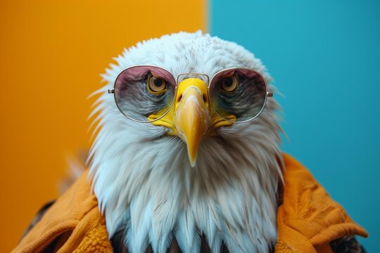 Image of stylish Eagle in trendy sunglasses and outfit looking at camera against two colored background, Copyspace