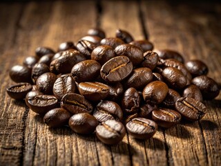 Naklejka premium Granos de café tostado sobre mesa de madera rústica 