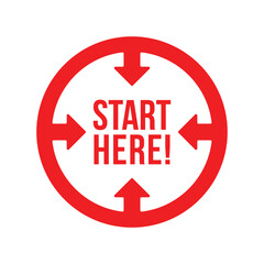 Red vector banner start here template design. Circle with four arrows for icon, logo, label, insigna, seal, tag, sign, seal, symbol, badge, stamp, sticker, emblem etc.