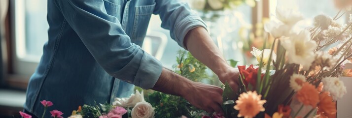 Man arranging flowers in floral studio with natural light banner