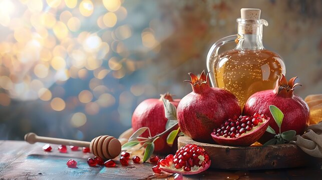 Amazing Rosh hashanah, jewish New Year holiday concept, Pomegranate, apples and honey traditional