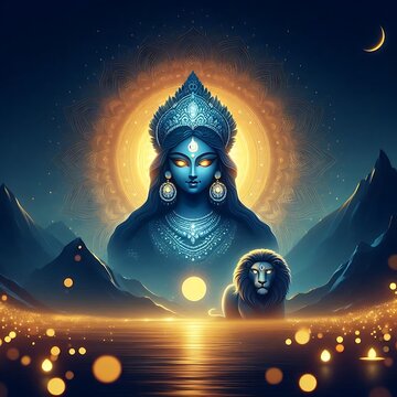 Silhouette of goddess Durga in the moonlight. 