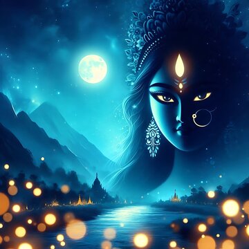 Silhouette of goddess Durga in the moonlight. 
