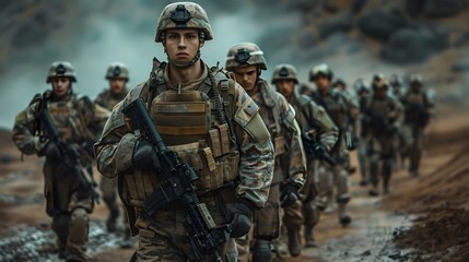 Fototapeta premium A platoon of grim soldiers returns to their base after a battle