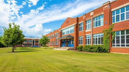 Obraz premium typical american elementary school exterior brick facade and grassy campus
