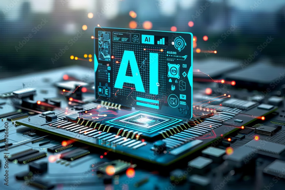 Poster ai microchip with digital interface, showcasing advanced artificial intelligence technology and tech