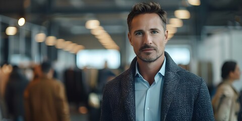 Confident man in his 40s exudes elegance in chic cardigan at fashion show. Concept Fashion & Style, Men's Fashion, Confidence & Elegance, Chic Cardigan, Fashion Show