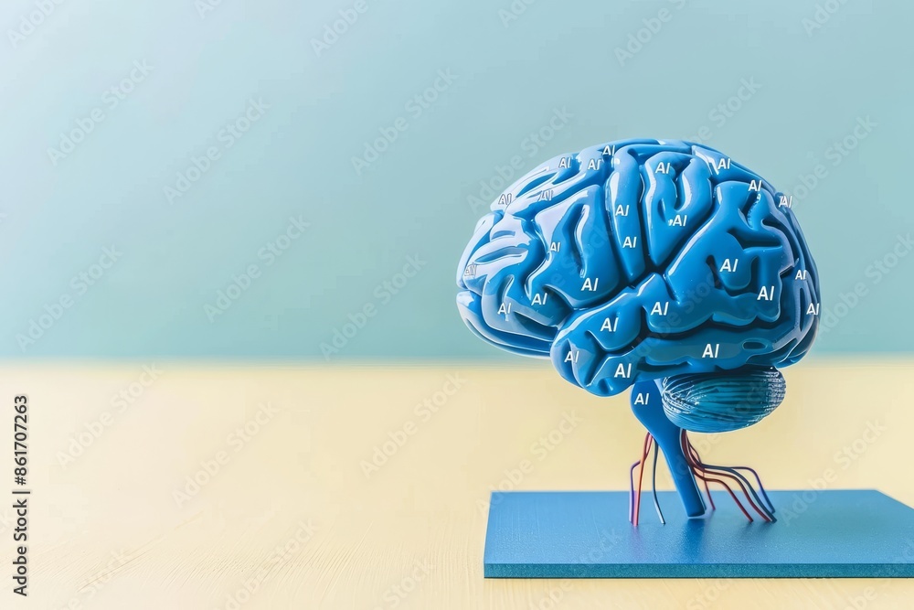 Poster ai brain model on a stand, showcasing artificial intelligence and technological innovation in a mini