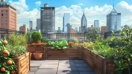 Fototapeta premium urban rooftop vegetable garden with raised beds digital illustration