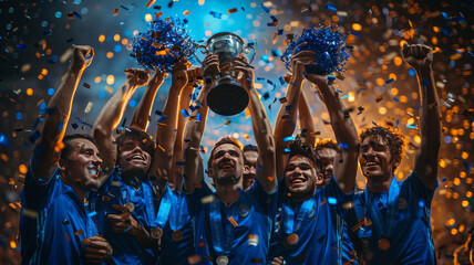 soccer players raising a cup in the air, confettis flying, only hands and cup, blue...
