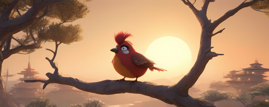 Comic bird on a tree branch with sunset in background. Extremely detailed high resolution manga illustration