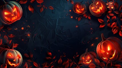 Halloween-themed pumpkins with carved patterns glowing against a dark, spooky background.