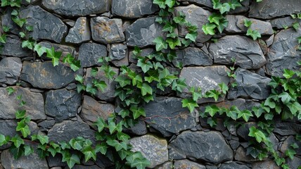 Green ivy growing on a textured stone wall, creating a natural pattern.