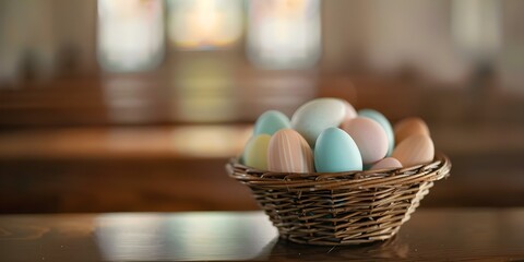 Easter Eggs in Wicker Basket with Church Background for Easter Celebration. Concept Easter Celebration, Wicker Basket, Church Background, Easter Eggs, Festive Photoshoot