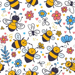 Seamless pattern of funny Bees and flowers. Print for wallpapers for a childrens room