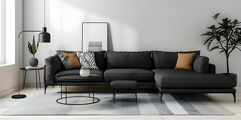 Contemporary living room design featuring a black sofa and tables. Concept Black Sofa, Modern Tables, Stylish Decor, Contemporary Living Room