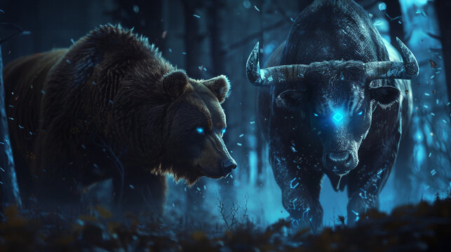 Investment stock market bear and bull run in the wood at night with laser eyes