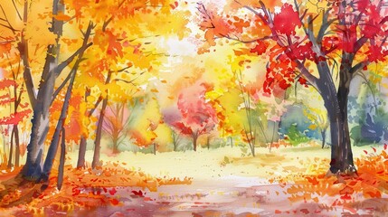 vibrant autumn park with colorful yellow red and orange leaves on branches watercolor painting