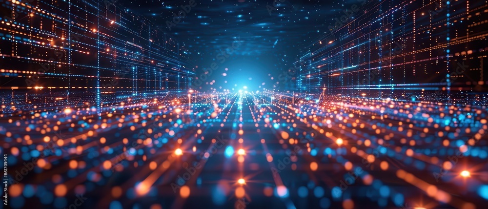 Poster a futuristic digital background with a matrix of glowing lines and dots forming a network pattern