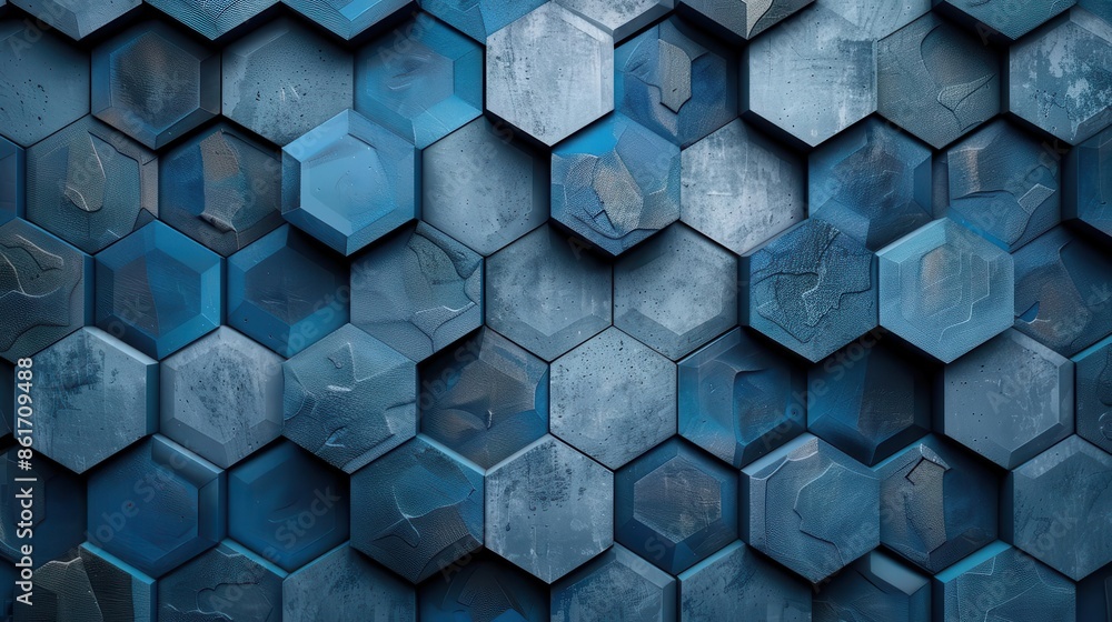 Poster A geometric pattern background with interconnected hexagons in cool shades of blue and gray