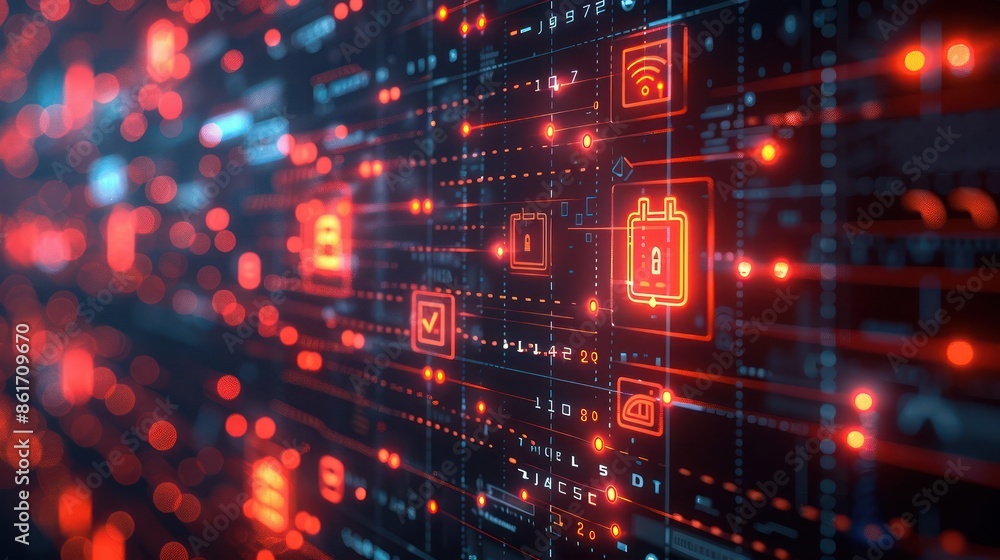 Poster modern digital interface with glowing red icons and futuristic technology elements, representing dat