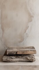 Rustic wooden planks stacked against a textured wall, creating a minimalist and earthy aesthetic in natural light.