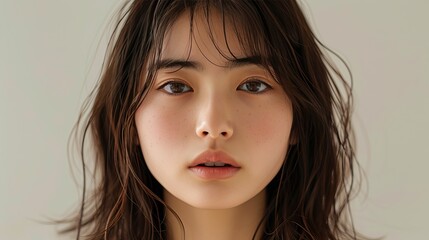 Portrait of a young woman model with a gentle smile, natural makeup, and soft lighting.