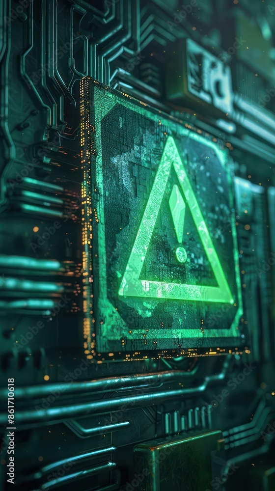 Poster close-up of a digital warning sign displayed on a high-tech circuit board, symbolizing cyber securit