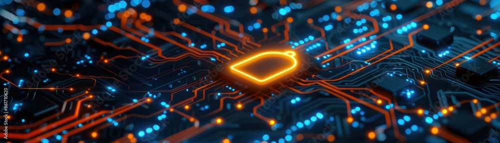Poster close-up of a glowing computer chip on a circuit board, highlighting advanced technology and digital