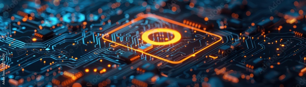 Aufkleber close-up of a glowing microchip on a circuit board, illustrating advanced technology and futuristic 