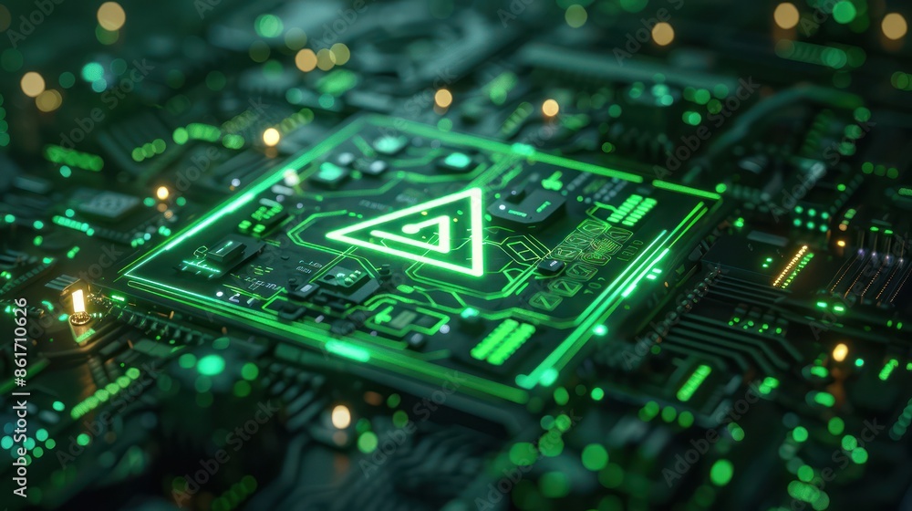 Poster close-up of a futuristic green neon circuit board with glowing components and intricate design, repr