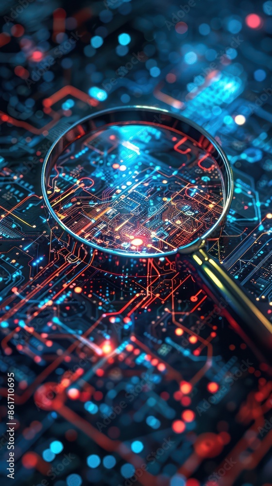 Poster close-up of a magnifying glass focusing on a digital circuit board, highlighting data analysis and t