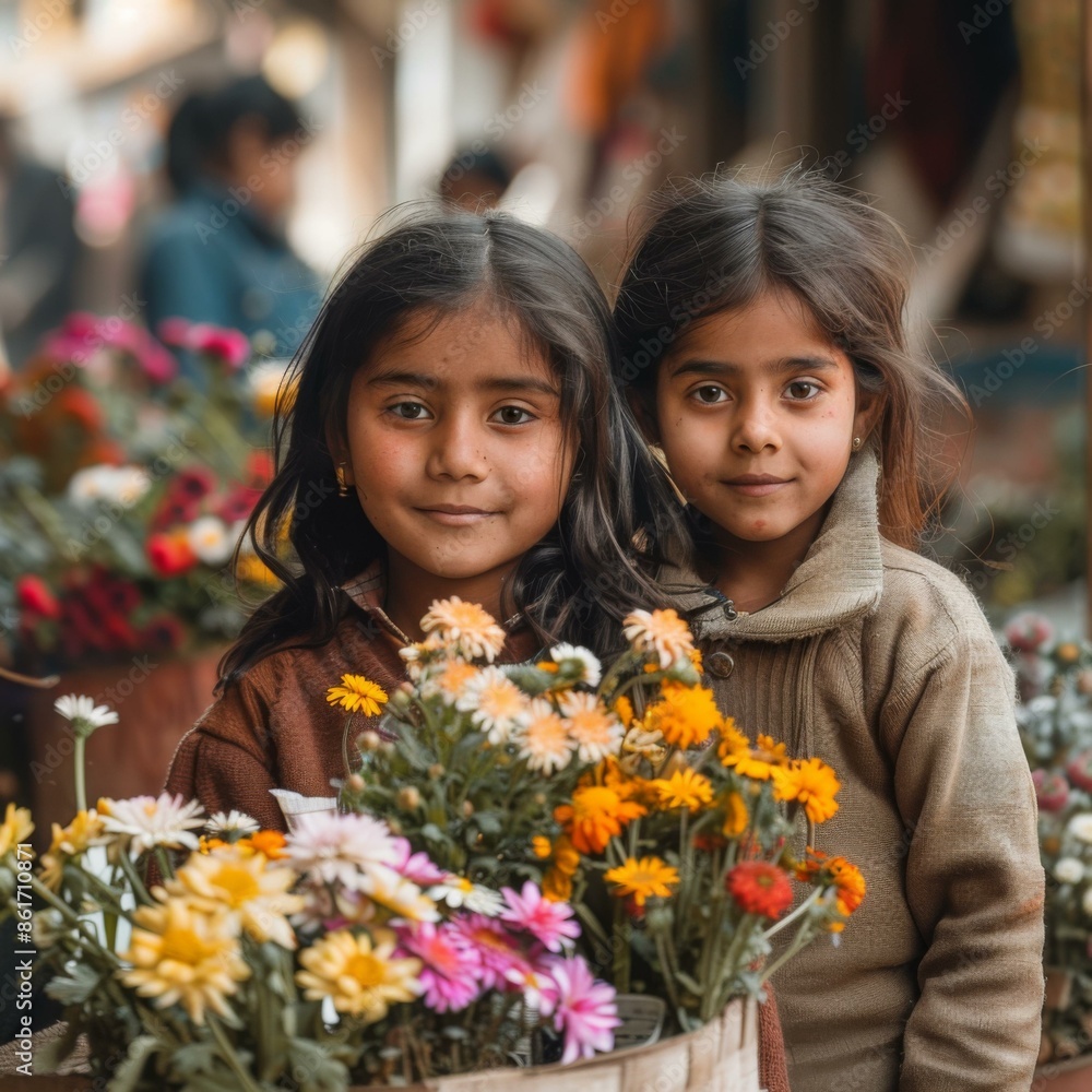 Wall mural Two girls standing next to each other in front of a basket full of flowers. AI.